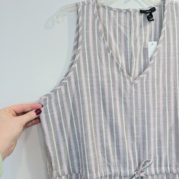 DREW Nwt Striped Cotton Jumpsuit L Tan Pink White Sleeveless Crop Anthropologie - Picture 3 of 12